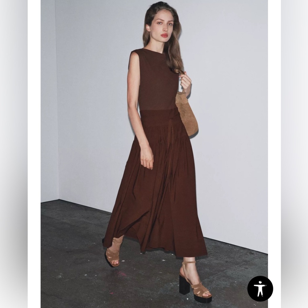 Zara COMBINATION RUCHED DRESS Brown
